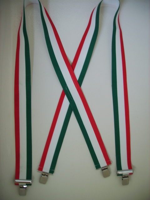 ITALY RED, WHITE & GREEN STRIPES 1 1/2"X48" Suspenders with 4 strong 1"x 1" Grips and 2 Length Adjusters in the front, all in Stainless Steel. Entirely Stretchable Hand Washable and Hang to Dry Cotton/Polyester Material.                  UB220N48IT#2